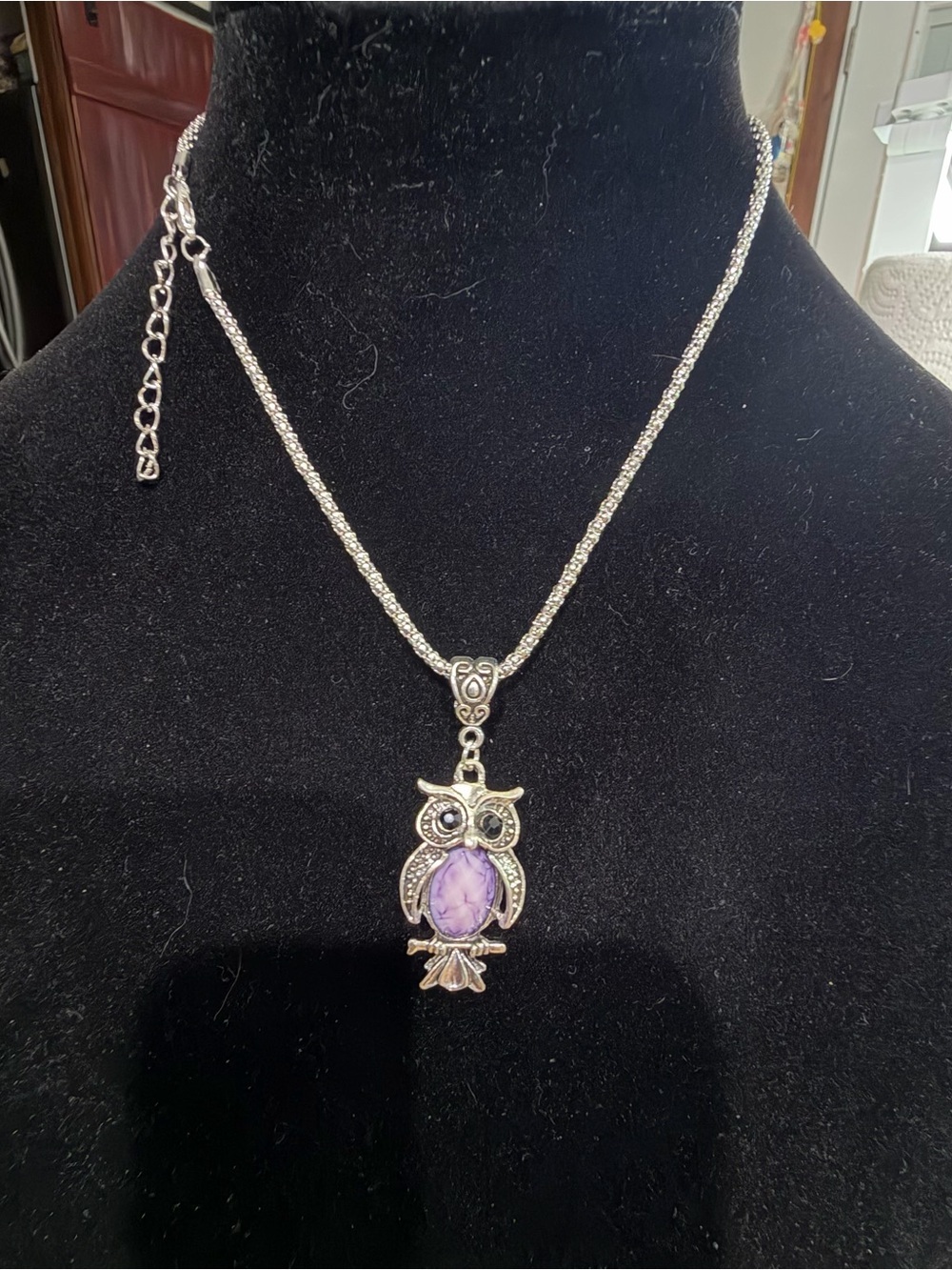 Silver Tone Owl Pendant Necklace with Purple Center - Picture 2 of 2